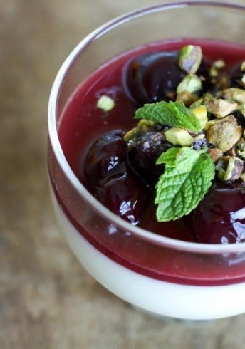 Panna Cotta with Poached Cherries, Pistachios and Basil