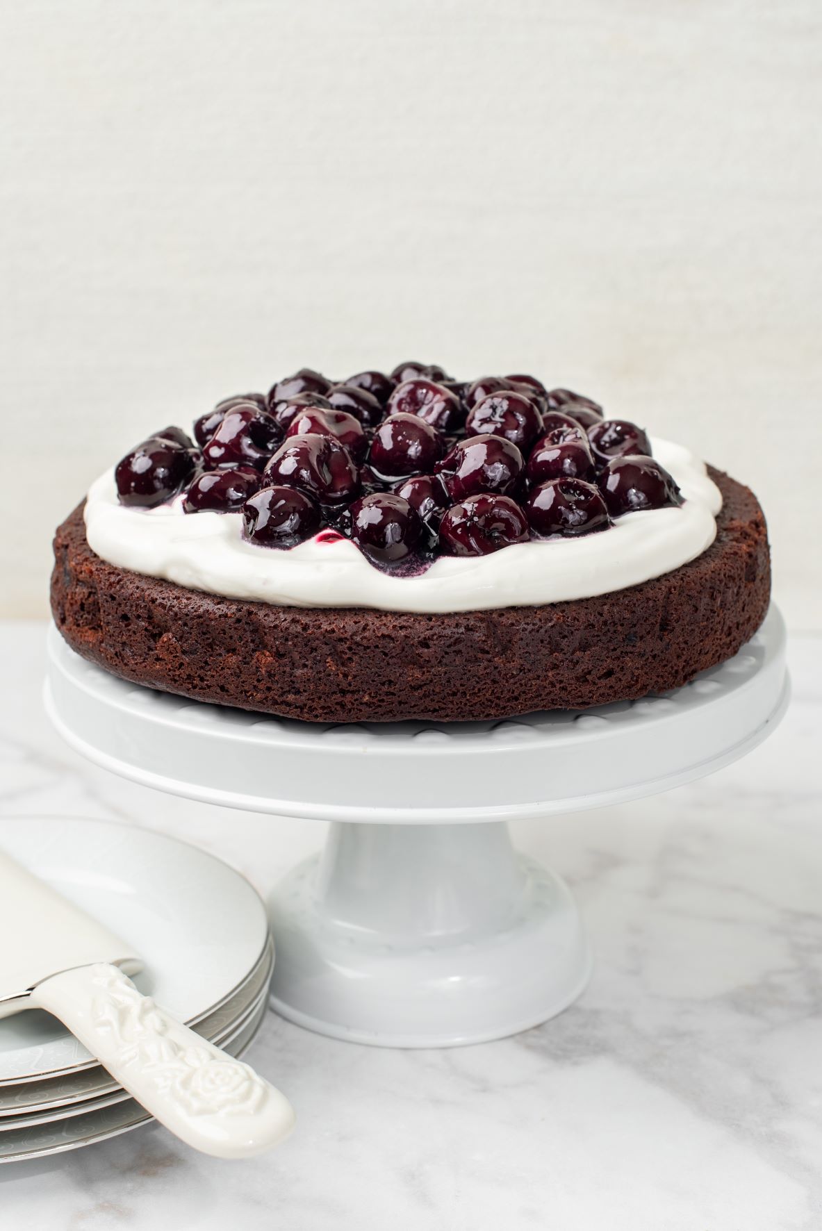 Dark Sweet Cherry-Chocolate Cake with Sour Cream Topping